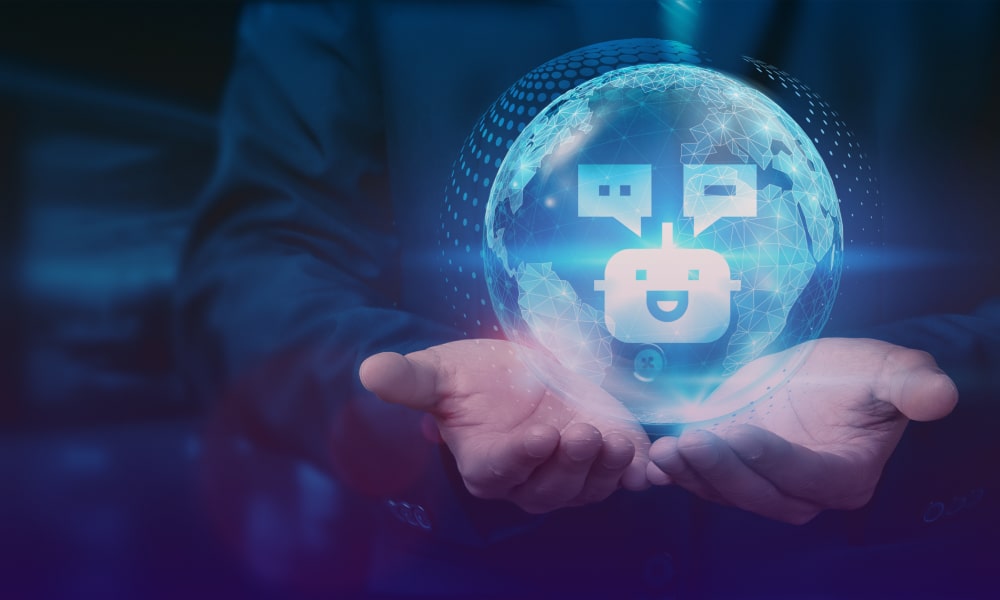 Duas mãos com globo terrestre flutuando acima e ícone de robô ao centro, representando a UMA, assistente virtual da Edge UOL.