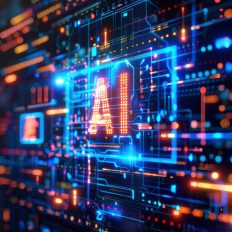 Palavra "AI" em uma placa de circuitos de computador representada por luzes