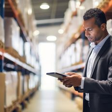 Homem de roupa social segurando uma tablet em um galpão de estoque